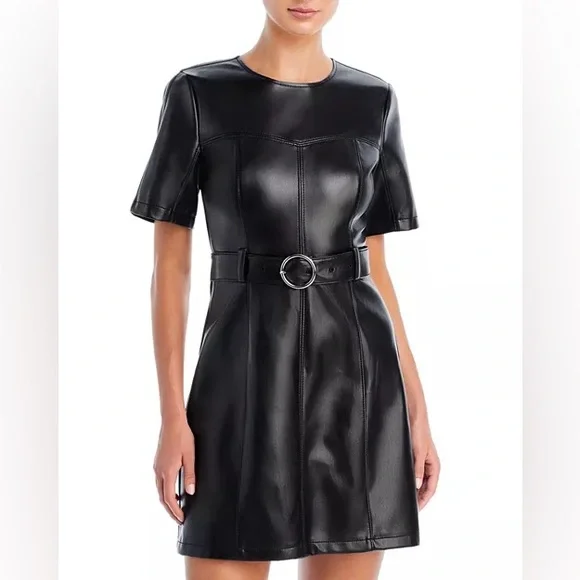 Cinq a Sept Faux Leather Belted Mini Dress in size 00 - Picture 3 of 8